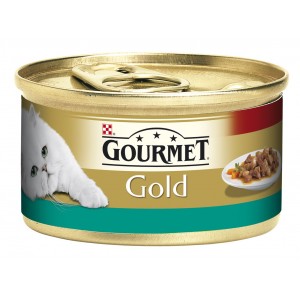 GOURMET GOLD kaķu konservs gaļas gabaliņi mērcē (lasis, vista) 85g